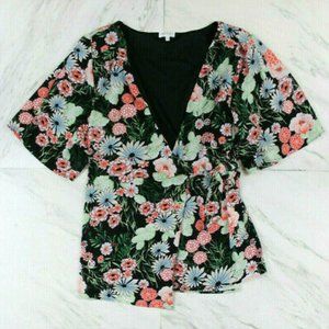 KIYONNA Faux Wrap Top, Green Floral, Size 1X